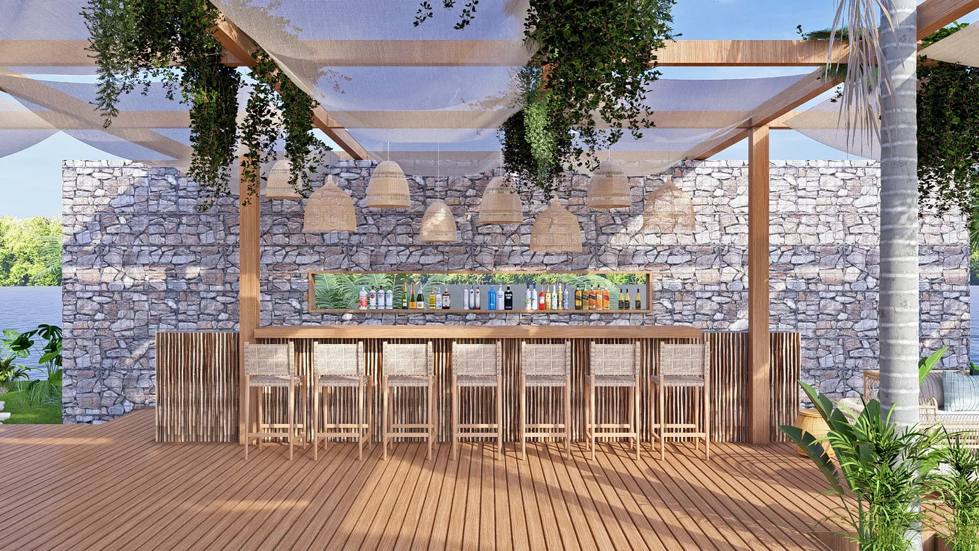 Bar de frente para o mar, com banquetas e serviço de bebidas.