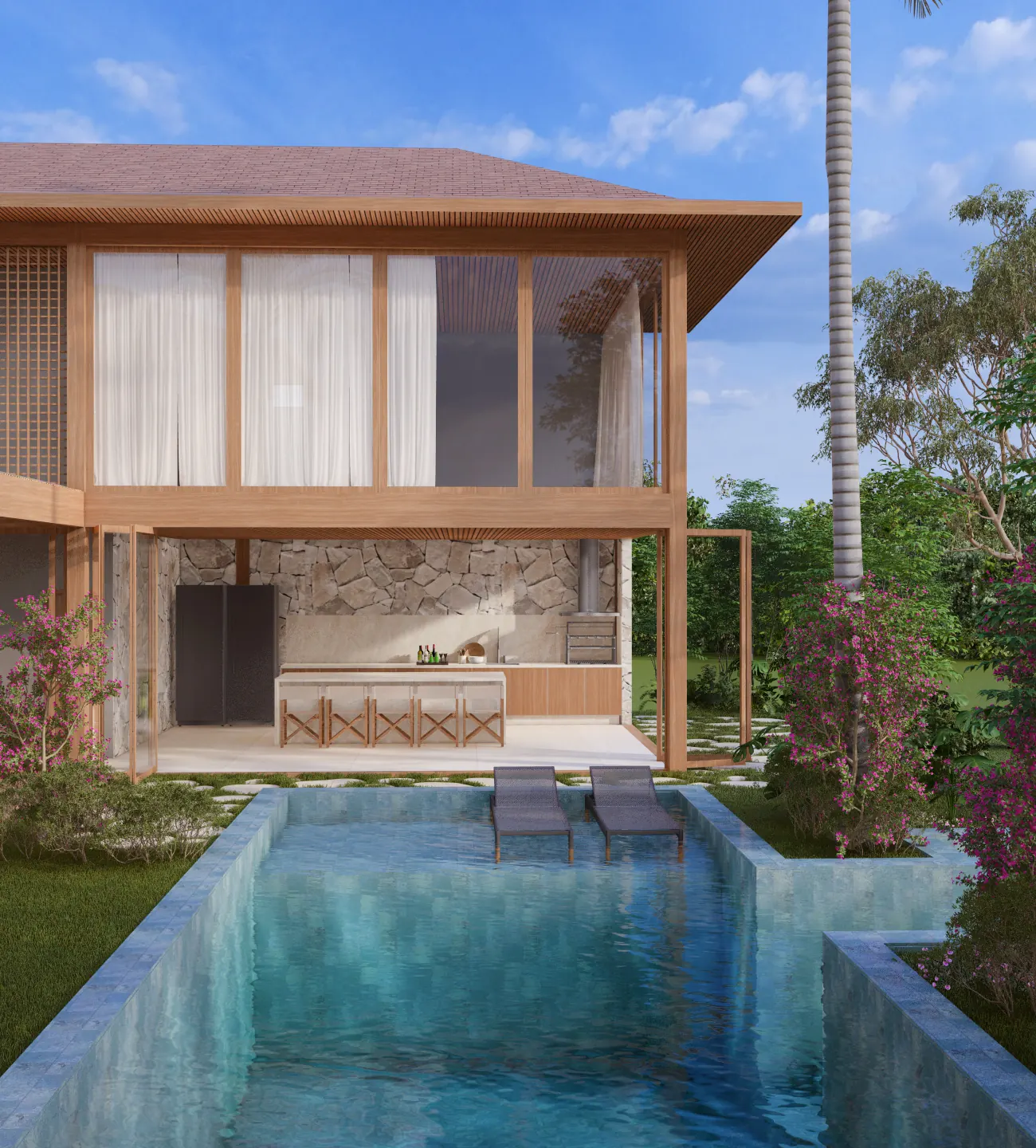 Casa Maré com piscina em primeiro plano, fachada em madeira e pedra, entre a vegetação tropical