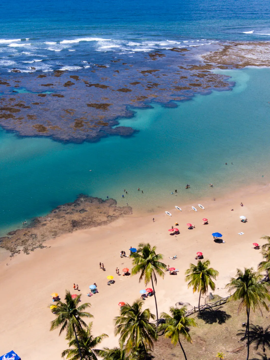 Piscinas naturais entre os recifes, com a praia e os coqueiros ao lado